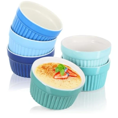 Afbeelding van COM FOUR® 6x Soufflévormen Creme Brulee keramische schalen ovenvaste vormen dessertkom en patévormen voor bijv. Ragoutvin elk 200 ml in verschillende tinten groen blauw