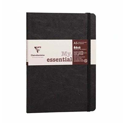 Afbeelding van Clairefontaine 793461C Age Bag Collection Zwart My.Essential notitieboek elastische sluiting en genaaid inbinding A5 14,8x21cm 192 lineair Ivoorwit papier van 90g Glanzende nerf kaft