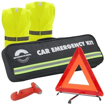 Afbeelding van WORKKOOL Noodset voor auto&#039;s met gevarendriehoek, veiligheidsvest en noodhamer auto, bus, vrachtwagen, 4 in 1 tas