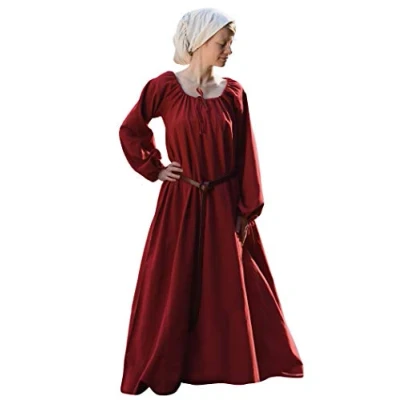 Afbeelding van Battle Merchant Middeleeuwse jurk Ana dames Vikingkostuum lange mouwen vloerlang katoen LARP gewaad, wit, rood, blauw, natuur, S