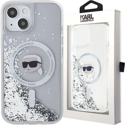 Afbeelding van Karl Lagerfeld Liquid Glitter Head MagSafe hoesje voor iPhone 15 / 14 13 transparant