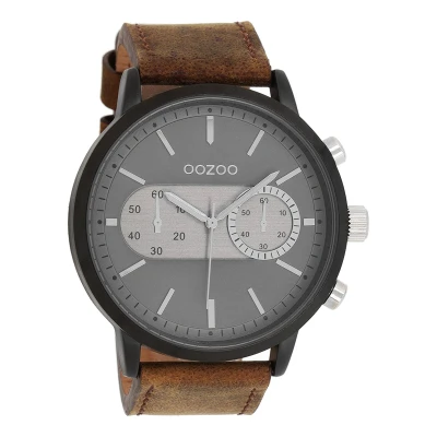 Afbeelding van OOZOO Timepieces Zwarte horloge met bruine leren band C9057