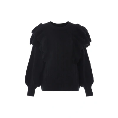 Afbeelding van faina Dames gebreide trui met ronde hals en ballonmouwen ruches zwart maat XS/S, zwart, XS