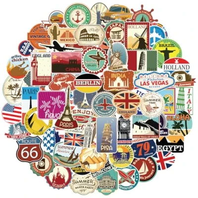 Afbeelding van Reisstickerset, 100 stuks, vintage retro vinyl stickers voor koffer, laptop, helm, motorfiets, skateboard, auto, fiets, computer