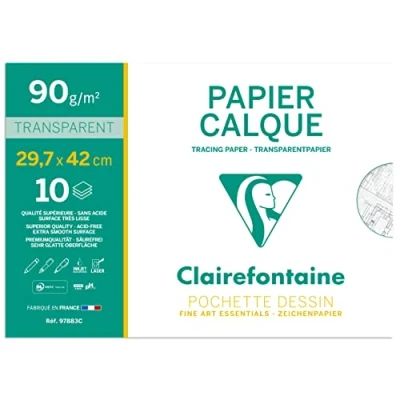 Afbeelding van Clairefontaine Ref 97883C Overtrekpapier (10 vellen) A3 formaat, 90/95g, hoge transparantie, glad oppervlak, zuurvrij, afdrukbaar Geschikt voor inkt, marker en potlood