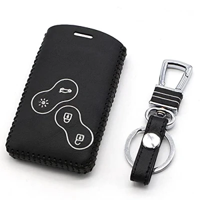 Afbeelding van Happyit Lederen autosleutelhoesje sleutelhanger voor Renault Clio Scenic Megane Duster Sandero Captur Twingo Koleos 4 toetsen afstandsbediening (wit)
