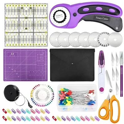 Afbeelding van SAMISO Rollsnijder set, rolsnijder stofsnijder, rolsnijderset met snijmat, incl. patchwork liniaal, stofklemmen, spelden, reservemes