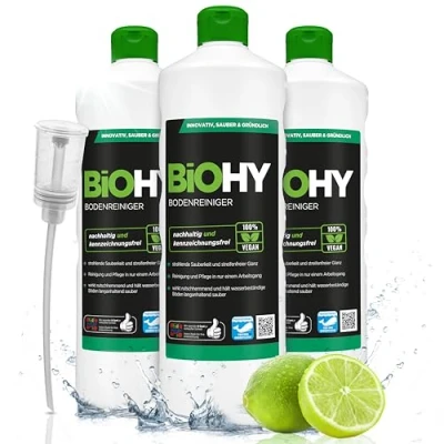 Afbeelding van BiOHY Vloerreiniger (3 x 1l Fles) + doseerder Concentraat voor alle reinigingsmachines en harde vloeren Aangename geur streeploze reiniging (Bodenreiniger)