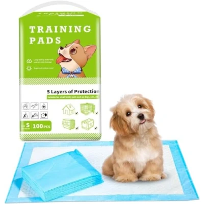 Afbeelding van Puppyonderlegger, hygiënische onderleggers, 100 stuks, puppypads, onderlegger voor honden, lekvrij, 5 laags, lekvrij design met sneldrogend oppervlak