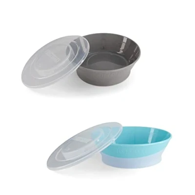 Afbeelding van Twistshake 2x Baby Kommetje met Luchtdicht Deksel BPA Vrij Eet Training Bord voor Kinderen Muesli Schaal Grijs Blauw