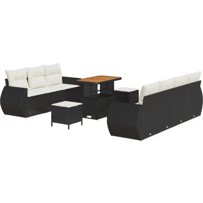 Afbeelding van vidaXL 10 Delige Tuin Sofa Set met Kussens Zwart Poly Rattan Acacia, 3 Eetset Acacia