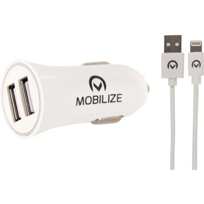 Afbeelding van Mobilize Car Charger 2x USB 24W + to Apple MFi Lighting Cable 1m. White