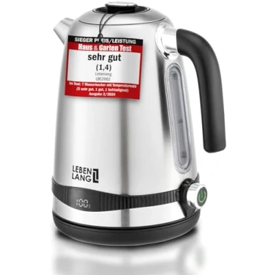 Afbeelding van LEBENLANG Elektrische waterkoker van roestvrij staal, temperatuurinstelling, stil, temperatuurweergave en warmhoudfunctie, 1,7 liter 2200 W, retro zonder kunststof
