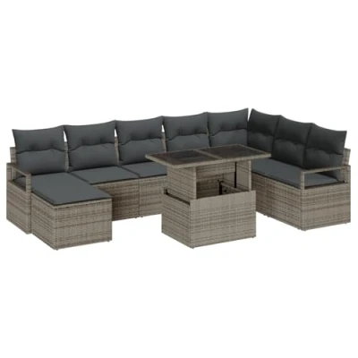 Afbeelding van vidaXL 9 delige Tuin Sofa Set met Kussens Grijs Poly Rattan, 2 Persoons Rattan