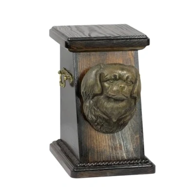 Afbeelding van Art Dog Custom Memorial Urn Handgemaakte Box Koudgegoten bronzen hondenkop op berkenbasis 19cmx32cmx30cm Tibetaanse spaniël