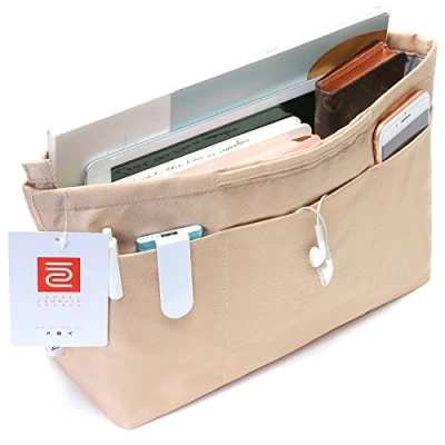 Afbeelding van iN. Purse Organizer Insert with zipper, Nylon fabric Storage Bag handles, for womens Handbags &amp; Tote bags, neverfull, lightweight small sized Beige
