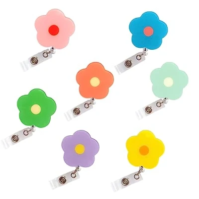 Afbeelding van 7 stuks bloemenbadge haspel, schattige intrekbare badge haspelhouders met stevige ID naamclip, kleurrijke badgehouder lanyards accessoires voor verpleegster, leraar, student, kantoormedewerker,