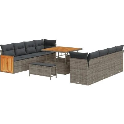 Afbeelding van vidaXL 11 delige tuin sofa set met kussens grijs poly rattan acacia, 3 eetset acacia