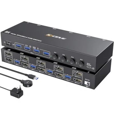 Afbeelding van USB 3.0 DP KVM switch 2 monitoren 4 computers, YOUTINGHDAV dubbele Monitor poorten Dual Displayport voor computers Deel muistoetsenbord, met wired remote