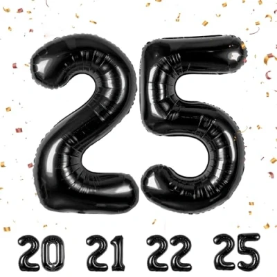 Afbeelding van Verjaardagscijfer ballon 25 jaar folieballon zwarte in 40 101 cm verjaardagsdecoratie cijfer decoratie voor verjaardag vliegt met helium mannen en vrouwen 25e