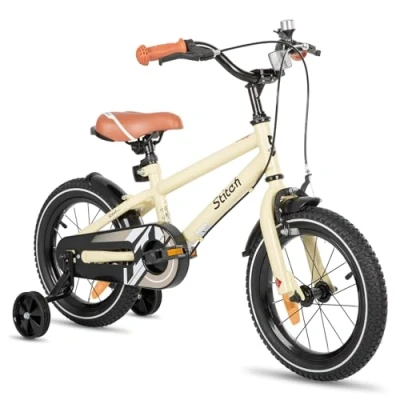 Afbeelding van STITCH kinderfiets voor meisjes en jongens van 3 tot 5 jaar, 14 inch met stabilisatoren handremmen, 95% gemonteerd, beige