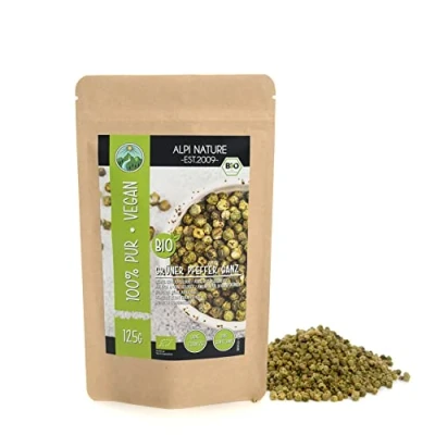Afbeelding van biologische pepergroen (125 g), biologisch groene peperkorrels, peper van gecontroleerde teelt, groen, getest in laboratorium, 100% zuiver en natuurlijk