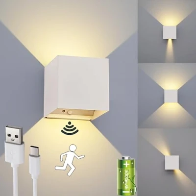 Afbeelding van Oplaadbare Led Wandlamp, Binnen wandlamp met bewegingsmelder Wit, Werkt op batterijen, schakelaar, USB wandverlichting,met verstelbare stralingshoek, up down design
