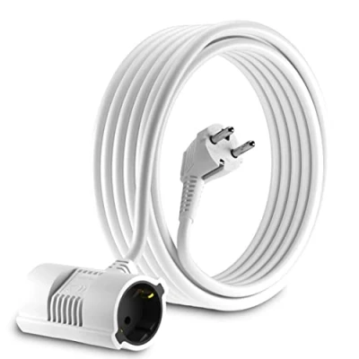 Afbeelding van MutecPower 7.5 meter Schuko verlengkabel met 2 voudige stopcontacten IP20 90 gebogen EU geaarde stekker en 2x koppelingen tot 250V 50Hz 16A 7.5m wit
