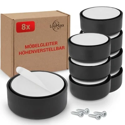 Afbeelding van LouMaxx Meubelpoten in hoogte verstelbaar, poten voor meubels, Ø 53,5 mm, van kunststof, hoogwaardige meubelverhoging om te plakken of schroeven, set 8 glijvoetjes zwart, incl.