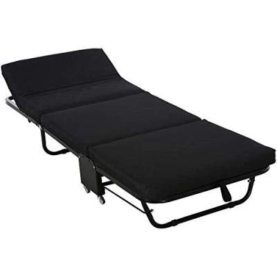 Afbeelding van HOMCOM opklapbaar logeerbed, 2 in 1 opklapbed met wielen, hoogte verstelbaar hoofdeinde, staal + schuimstof, zwart, 184 x 65 26 cm