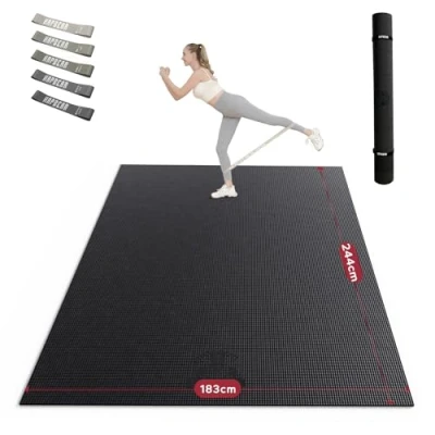 Afbeelding van HAPBEAR Extra grote brede sportmat, fitnessmat, gymnastiekmat, antislip, yogamat, 244 m x 183 cm 8 mm dik, hoge dichtheid, ultra duurzaam pvc, trainingsmatten met fitnessbanden, schoenvriendelijk 05