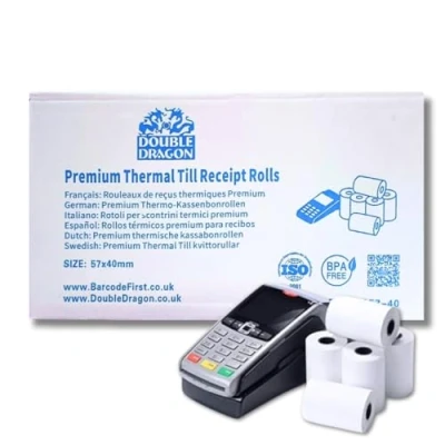 Afbeelding van 400 rollen 57x40 mm thermische creditcard PDQ machine kassarollen, kassabon thermisch papier, voor POS EPOS EFTPOS terminals, Barclaycard Verifone Ingenico Move Sagem Spire Pax Worldpay