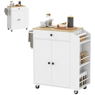 Afbeelding van HOMCOM Keukeneiland, keukentrolley, op wieltjes, met werkblad, lade, keukenkast oprolbaar inlegbodem, kruidenrek, handdoekstang, serveerwagen, wit