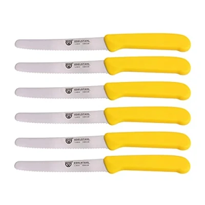 Afbeelding van GRÄWE Tafelmessen, 6 stuks, messenset om te snijden, set van broodmessen, ontbijtmes met eenzijdige gekartelde rand, mes 21 cm, geel