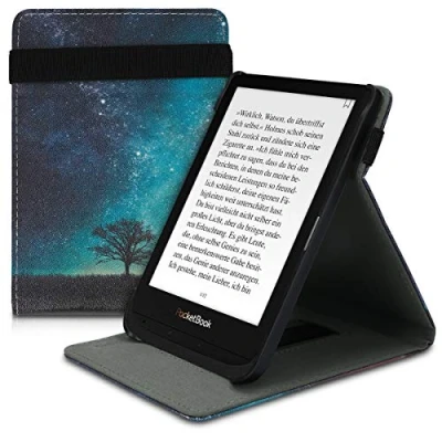 Afbeelding van kwmobile e reader hoesje compatibel met Pocketbook Touch Lux 4/5/Touch HD 3/Color (2020)/ Vivlio 5 Kunstleren ereader cover stand Sterrenstelsel en Boom in blauw/grijs/zwart
