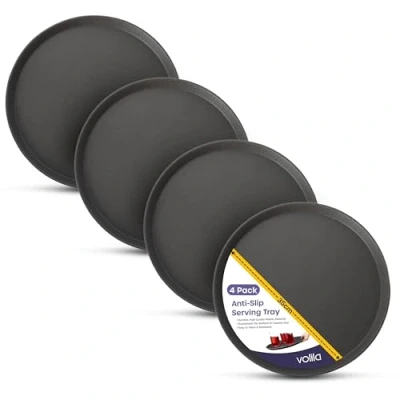 Afbeelding van Rond Zwart Dienblad met Antislip Oppervlak en Hoge Rand voor Thuis in de Horeca (4 Stuks Diameter: 35cm)