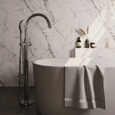 Afbeelding van Brauer Brushed carving Staande Badkraan handdouche rond 3 standen 2 knoppen PVD geborsteld RVS