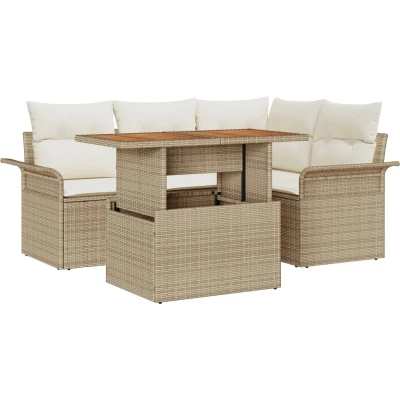 Afbeelding van vidaXL 5 delige Tuin Eet Set met Kussens Beige Poly Rattan Acacia