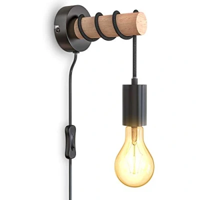 Afbeelding van B.K.Licht Wandlamp met snoer zwart houten bedlamp E27