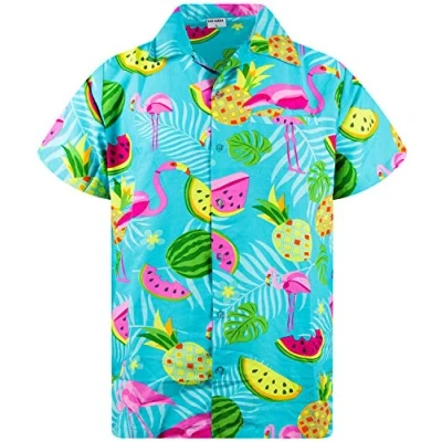 Afbeelding van Funky Hawaiiaans Overhemd, Hawaii Korte Mouw, Flamingo Melon, Turkoois, XS