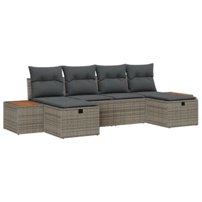 Afbeelding van vidaXL 6 delige tuinset met kussens Grijs Poly Riet