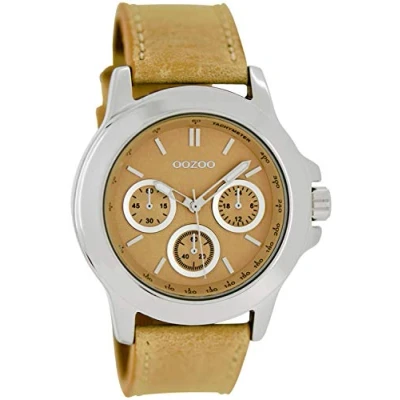 Afbeelding van OOZOO Timepieces Zilverkleurige horloge met beige leren band C6185