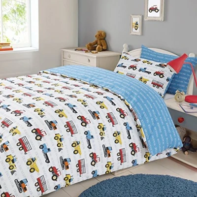 Afbeelding van Dreamscene Transport Dekbedovertrek met kussensloop jongens kinderen personeelsbestand auto vrachtwagen beddengoed set blauw, dubbel
