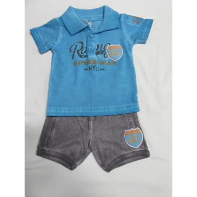 Afbeelding van dirkje , kledingset jongen, polo turquoise + korte broek taupe 56 1 maand
