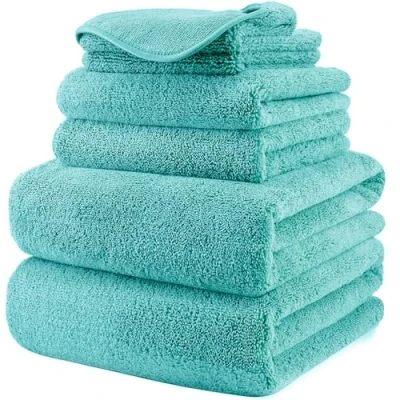 Afbeelding van POLYTE Pluche sneldrogende pluisvrije microvezel badhanddoekenset, 6 delig (aqua)