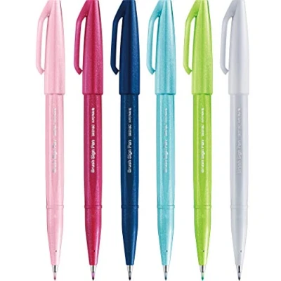 Afbeelding van Pentel SES15C Brush Sign Pen Fasermaler met flexibele punt, verschillende kleuren, 6 stuks