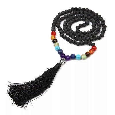 Afbeelding van Mala 7 Chakra Lavasteen Ketting 108 kralen met kwastje Edelsteen Meditatie Yoga Sparkolia