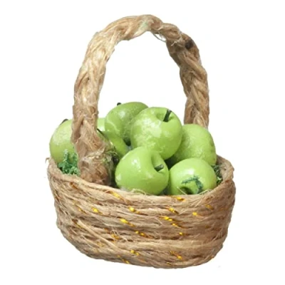 Afbeelding van Melody Jane Poppenhuis Groene Appels in Geweven Mand Miniatuur Fruit Keuken Shop Accessoire
