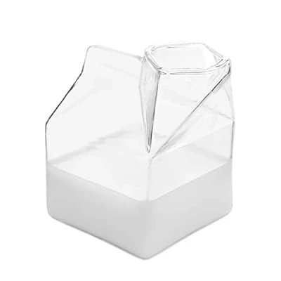 Afbeelding van Melkkannetje glas, melkboxvorm, melkkartonnen houder, transparant, hittebestendige, onregelmatige mok