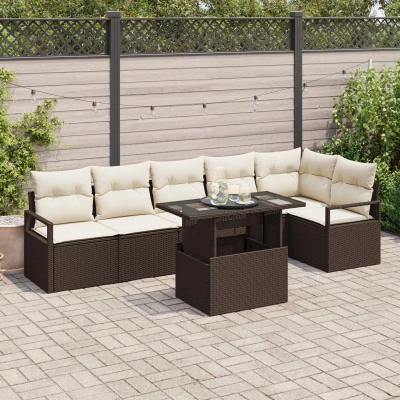 Afbeelding van vidaXL 7 delige tuinbankset met kussens Bruin Poly Rattan, 2 persoons tuinbank Rattan